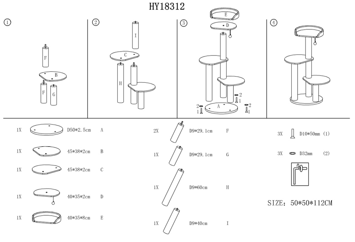 Tommy krabpaal voor volwassen katten - 3 niveaus en pluche bed